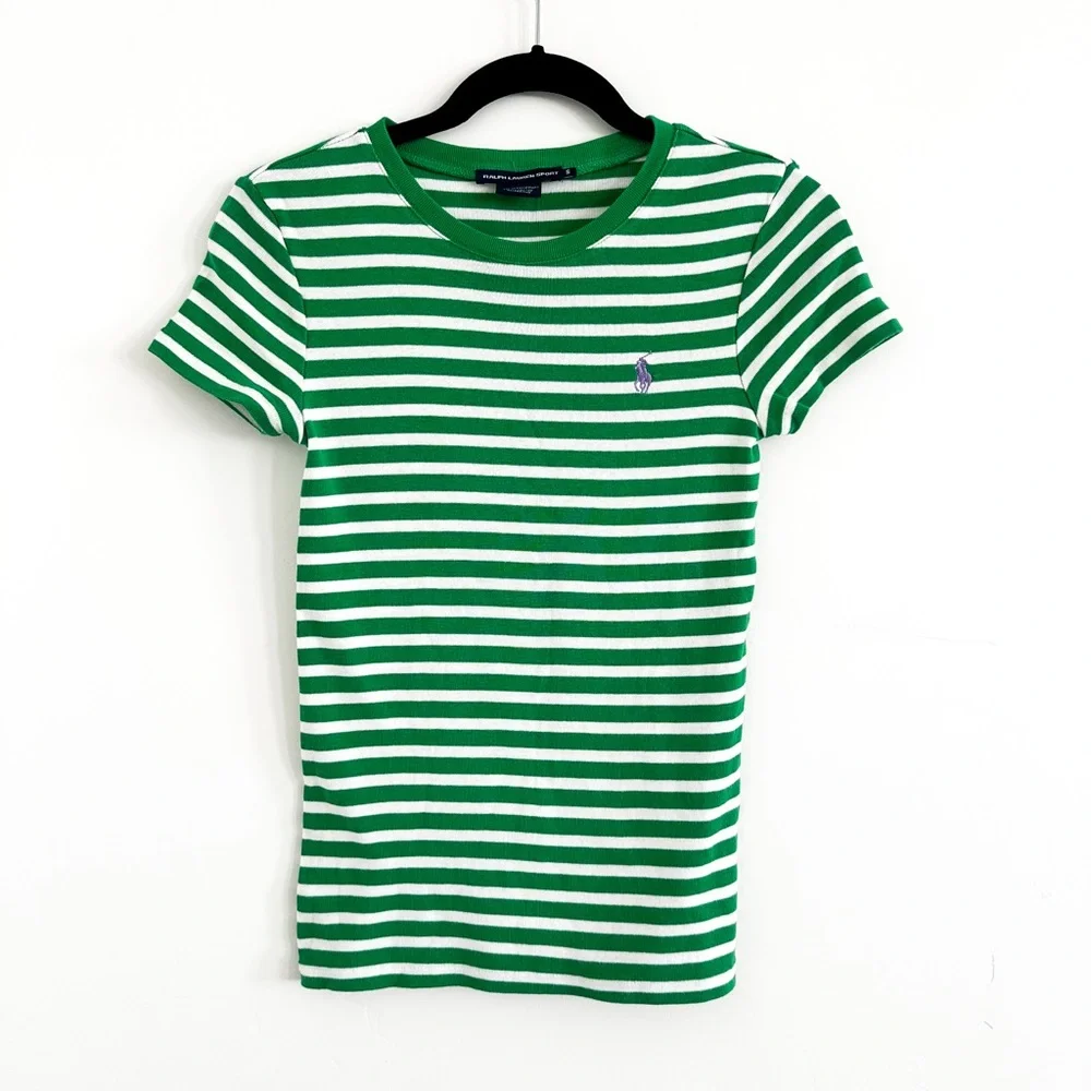 Ralph Lauren Sport Green & White Striped Crew Tee - Picture 1 of 4
